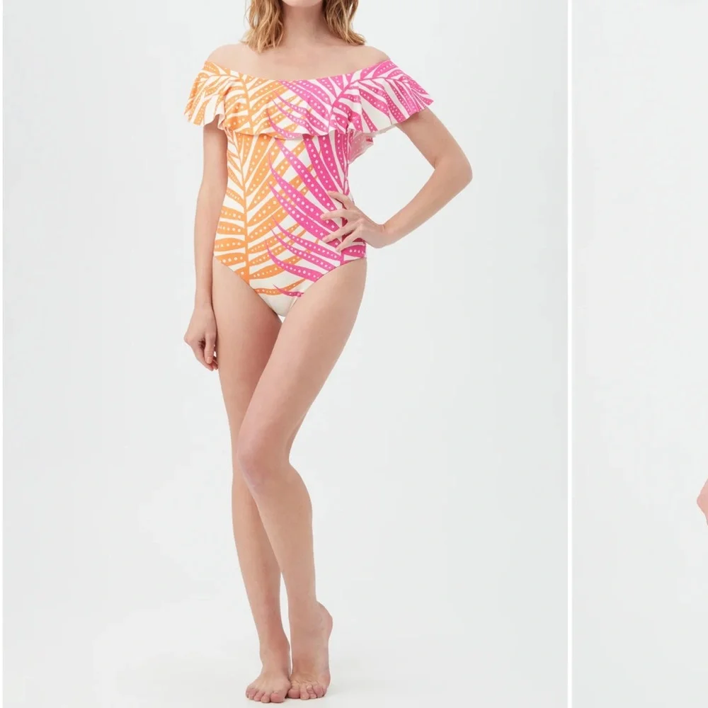 NWT🧡TRINA TURK🩷Tropics Off The Shoulder One Piece Swimsuit- Pink & Orange Ruffle
